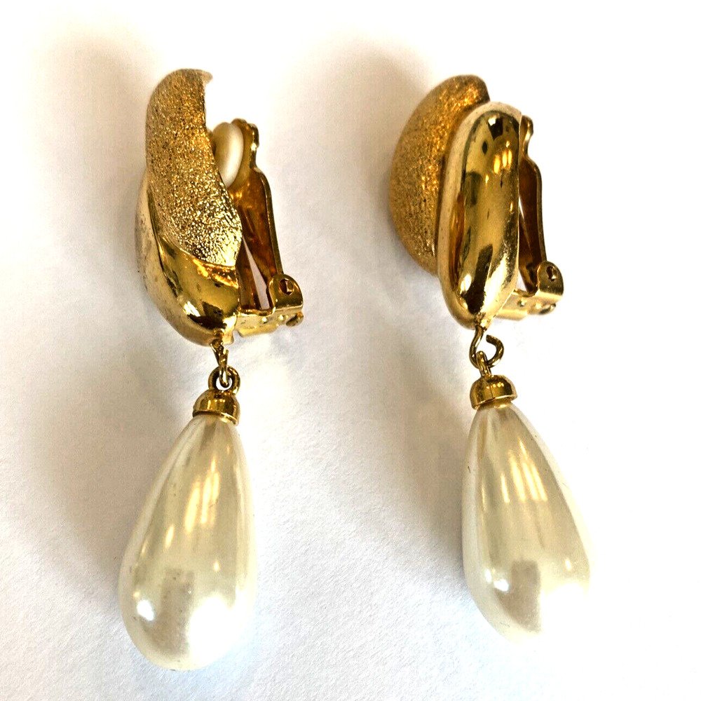 Signed Marvella Clip On Earrings Elegant Textured Goldtone & Faux Pearl Teardrop